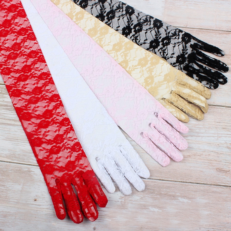 Pas cher blanc dentelle gants de mariée rouge blanc coton doigts longs gants pour mariage femmes fête accessoires demoiselle d'honneur rose gants