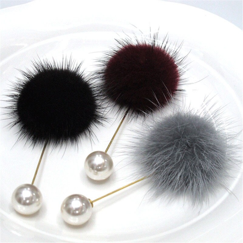 Cute Charm Simulated Pearl Pins For Women Korean Fur pompom Ball Piercing Lapel Brooches Collar Jewelry