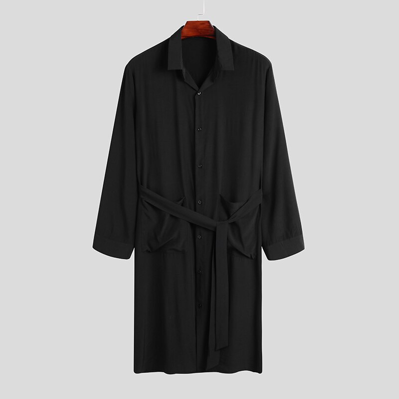 INCERUN Sleepwear Robes Men Long Sleeve Lapel Shirts Homewear Baggy Solid Color Sleep Robe Man Leisure Buttons Bathrobes: M