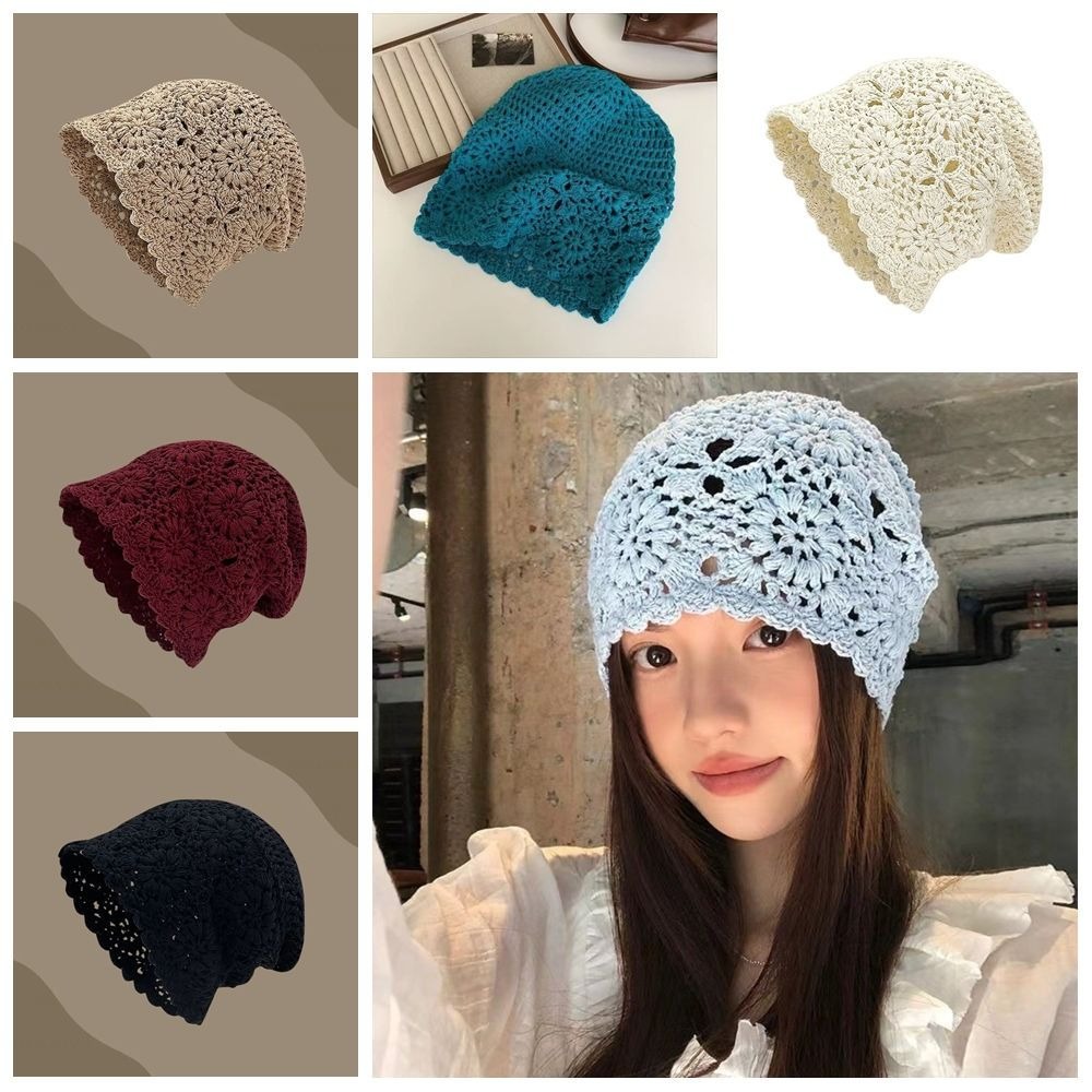Bohemian Style Crochet Flower Knitted Hat Thin Korean Lace Woven Cap Handmade Apparel Accessories Hollowed Out Beanie Cap Casual