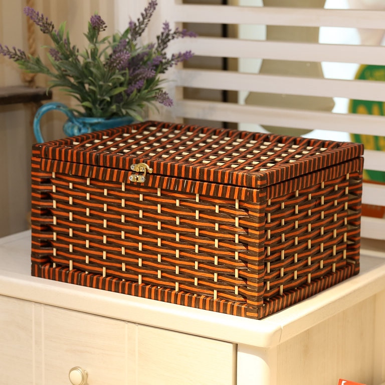 Rattan Weaving Storage Box with Lid Household Desktop Debris Storage Box Living Room Snacks Bedroom Clothing Storages Basket: S  30x20x13cm / a7