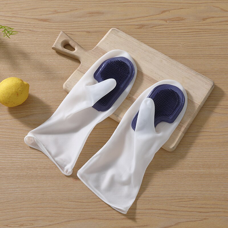 Household washing gloves brush plastic latex waterproof kitchen cleaning household washing gloves kitchen kitchen gloves: Double brush blue