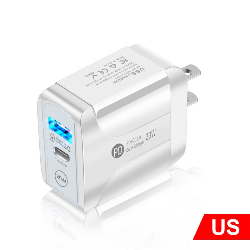 Uslion Eu Plug 20W QC3.0 Fast Charger Usb Opladen Pd Usb Snellader Adapter Voor Iphone 12 Samsung Xiaomi smart Telefoon Oplader: US White