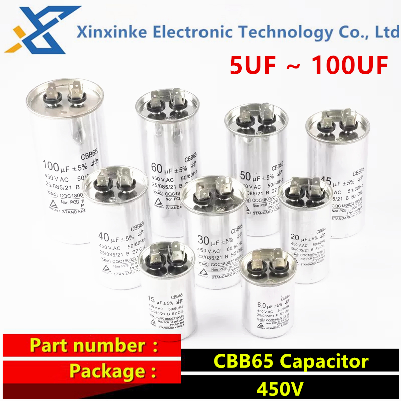 Capacitor de partida do compressor de ar condicionado CBB65 450V 5UF ~ 100UF 10/16/20/30/40/50/60/70/80 uF