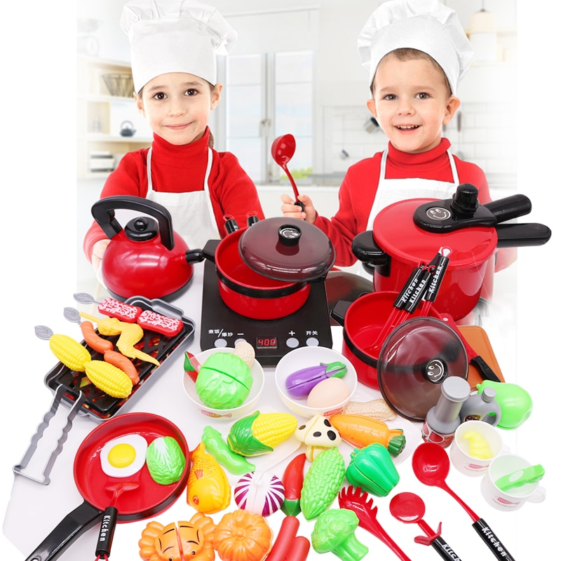 Children Pretend Play Kitchen Tools Simulation Induction Cooker Pot Food Utensils Toys Fruit Vegetable Food Cutting Toy