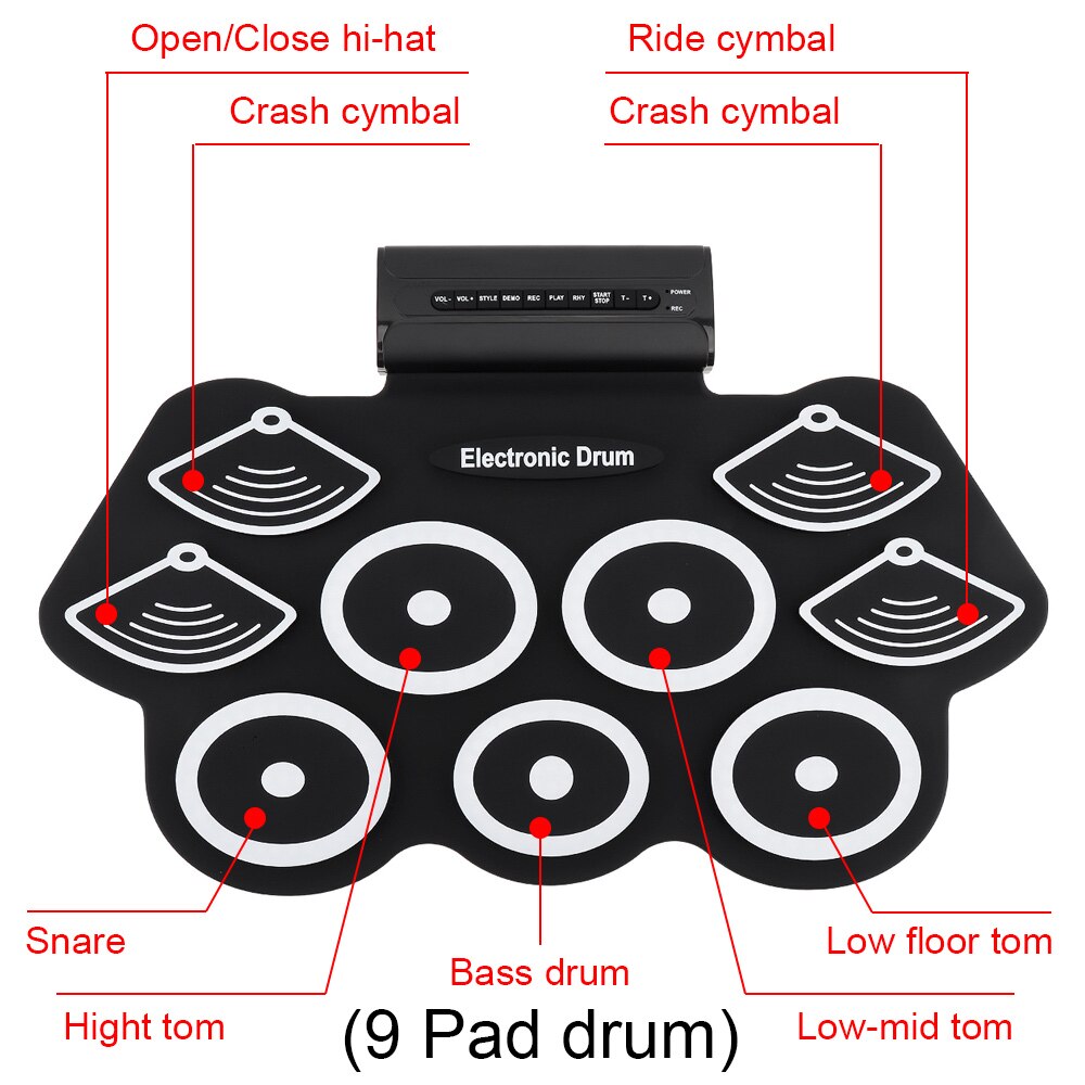 9 Pads Usb Dc 5V Elektronische Roll Up Thicken Silicone Drum Elektrische Drum Kit Met Drumsticks En Sustainpedaal