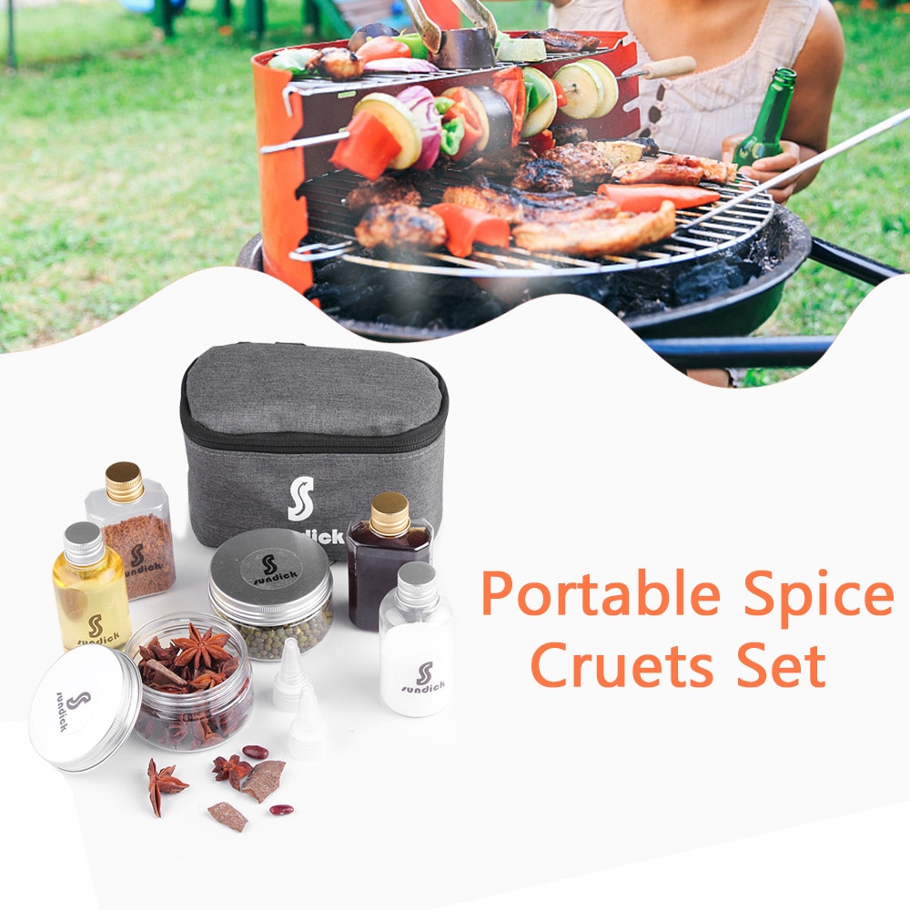 7Pcs Outdoor Camping Bbq Spice Cruets Set Wandelen Travel Size Zout Fles Bbq Saus Container Kruidkruik Peper Fles opbergtas