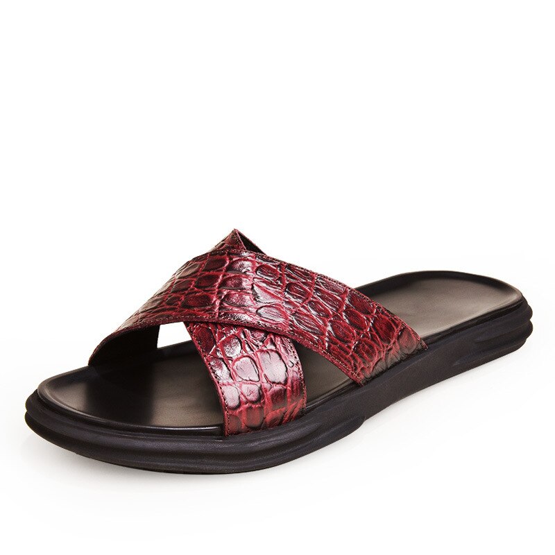 Sandaler mænd rødt blødt læder flade sandaler hjemmesko fritidsspænde strop strandsandaler hjemmesko sommerfodtøj: 1 / 7