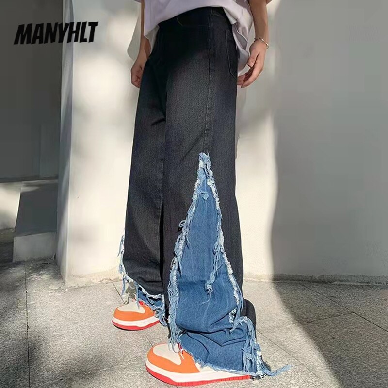 Pantalones acampanados informales y rectos para hombre, ropa de calle holgada, Vaqueros Retro lavados de pareja, Jeans de retazos en el tobillo con borlas rasgadas, Primavera