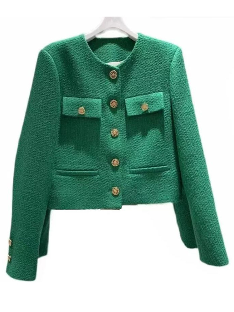 Smthma koreansk chic kvinnlig tweed basjacka kappa damkläder catwalk-stil ylle ytterkläder: Xl / Grön