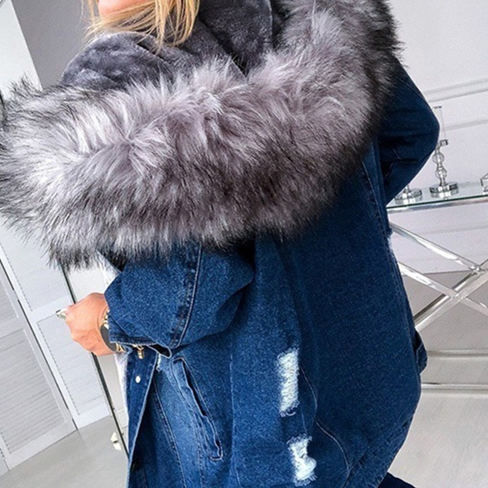 Dam vinter varm fluffig krage huva jeansjacka tjock plyschfodrad varm långärmad jeansjacka buttondown överdimensionerad lös jacka