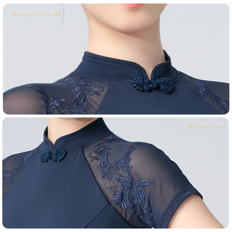 Leotardos de baile bordados con cuello levantado para niñas y mujeres, Body de gimnasia de manga corta de Ballet, empalme