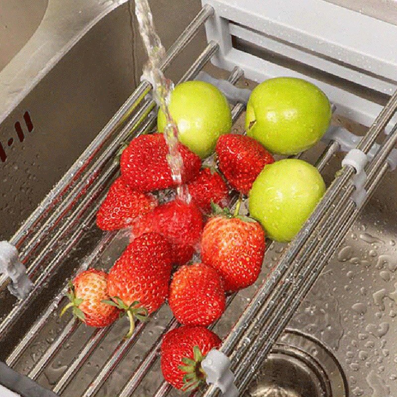 Rustfrit stål justerbar teleskopisk arrangør køkkenvask tørrestativ indsæt opbevaring frugt grøntsagsbakke dræner