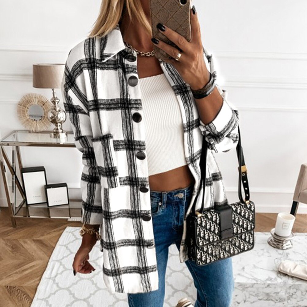 Dames stijlvolle omslagkraag zakken jas geruite knopen lang overhemd jas