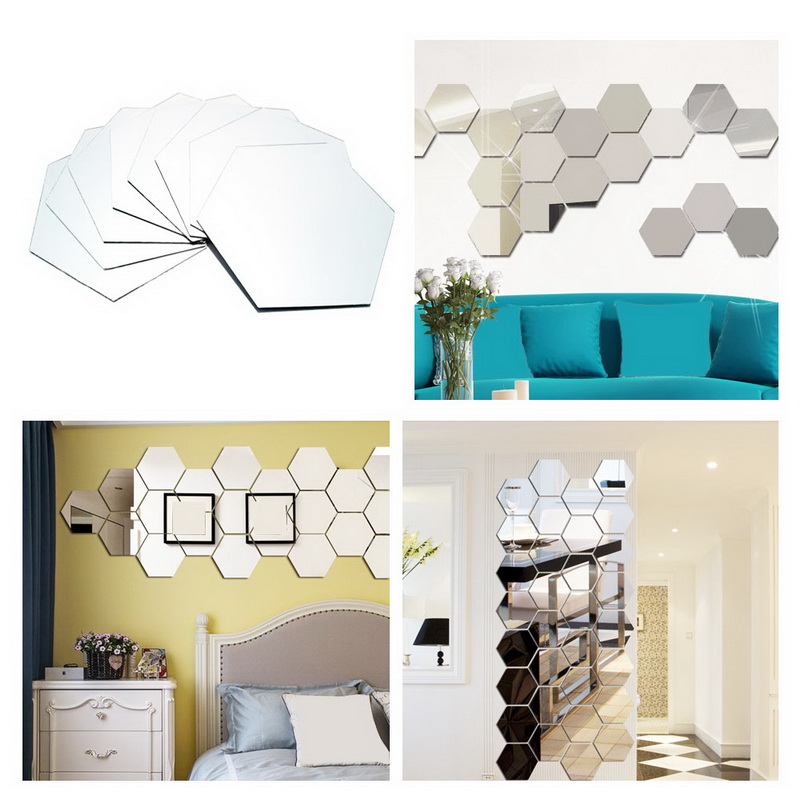 12 pçs geométrico 3d hexágono espelho adesivo de parede decoração para casa ampliar sala de estar removível segurança 2 tamanhos diy adesivos de parede