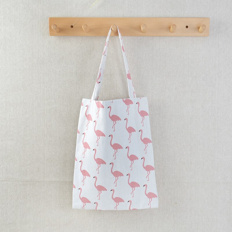 Cartoon Cotton Linen Shoulder Bags Outdoor Canvas Women Tote Pouch Grocery Storage Bags Bear Flamingo Shopping Bags: White Pink Flamingo