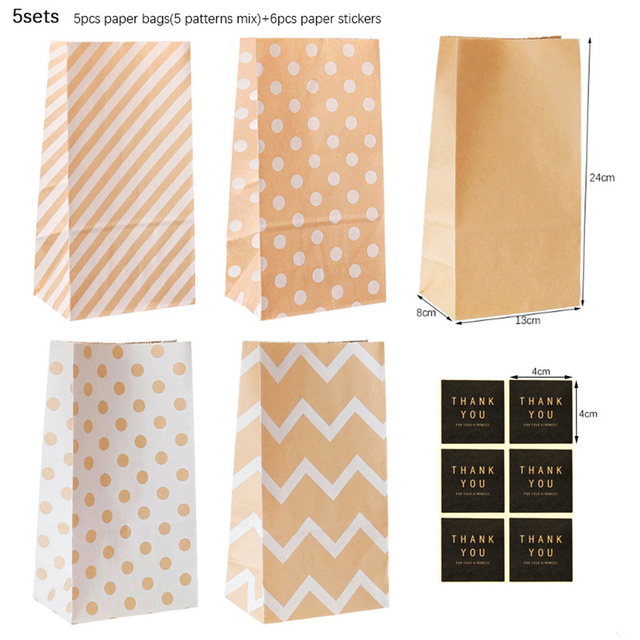 5 Sets Polka Dot Stripe Blank Kraft Paper Bags Candy Bag Wedding Birthday Party DIY Packaging Bags With Thank You Sticker: B