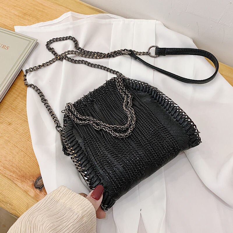 Vintage Cool Punk Kleine Flap Tas Tassen Vrouwen Handtassen Metal Fringe Pu Lederen Vrouwen Schouder tassen