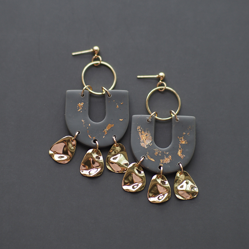 Handmade Gold Foil Abstract Pattern Polymer Clay Earrings Geometric Dangle Pendant Statement Art Earrings: Dark Gray