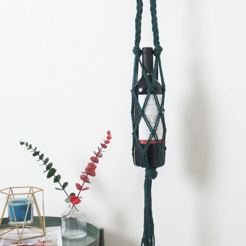 Bolsa tejida de cuerda para botella de vino, bolso de bolsillo de Red tejido hecho a mano, macramé, de algodón, soporte para botella de vino tinto, cesta colgante