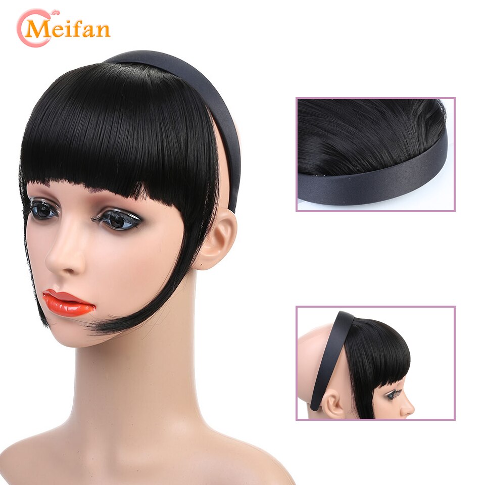 Meifan klips i frynser stump pannelugg med pannebånd høytemperatur fiber syntetisk rett hår stykker pannelugg extensions for kvinner