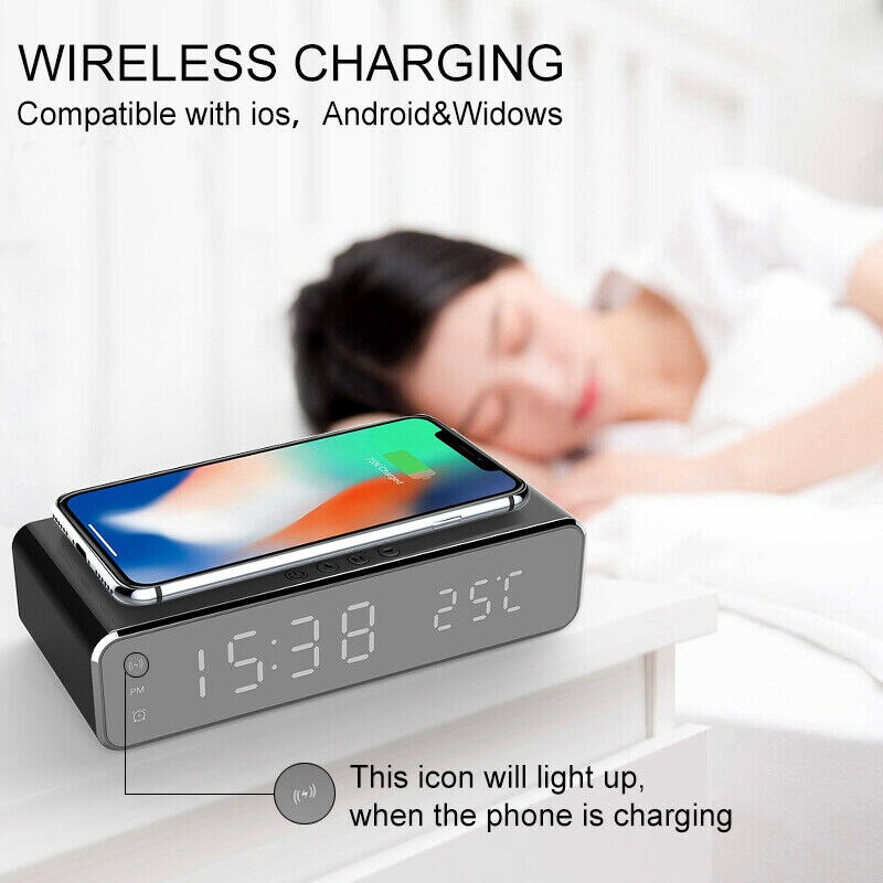 Electric LED Alarm Clock With Phone Wireless Charger Desktop Digital Thermometer Clock HD Mirror Clock With Date 12/24 H Switch