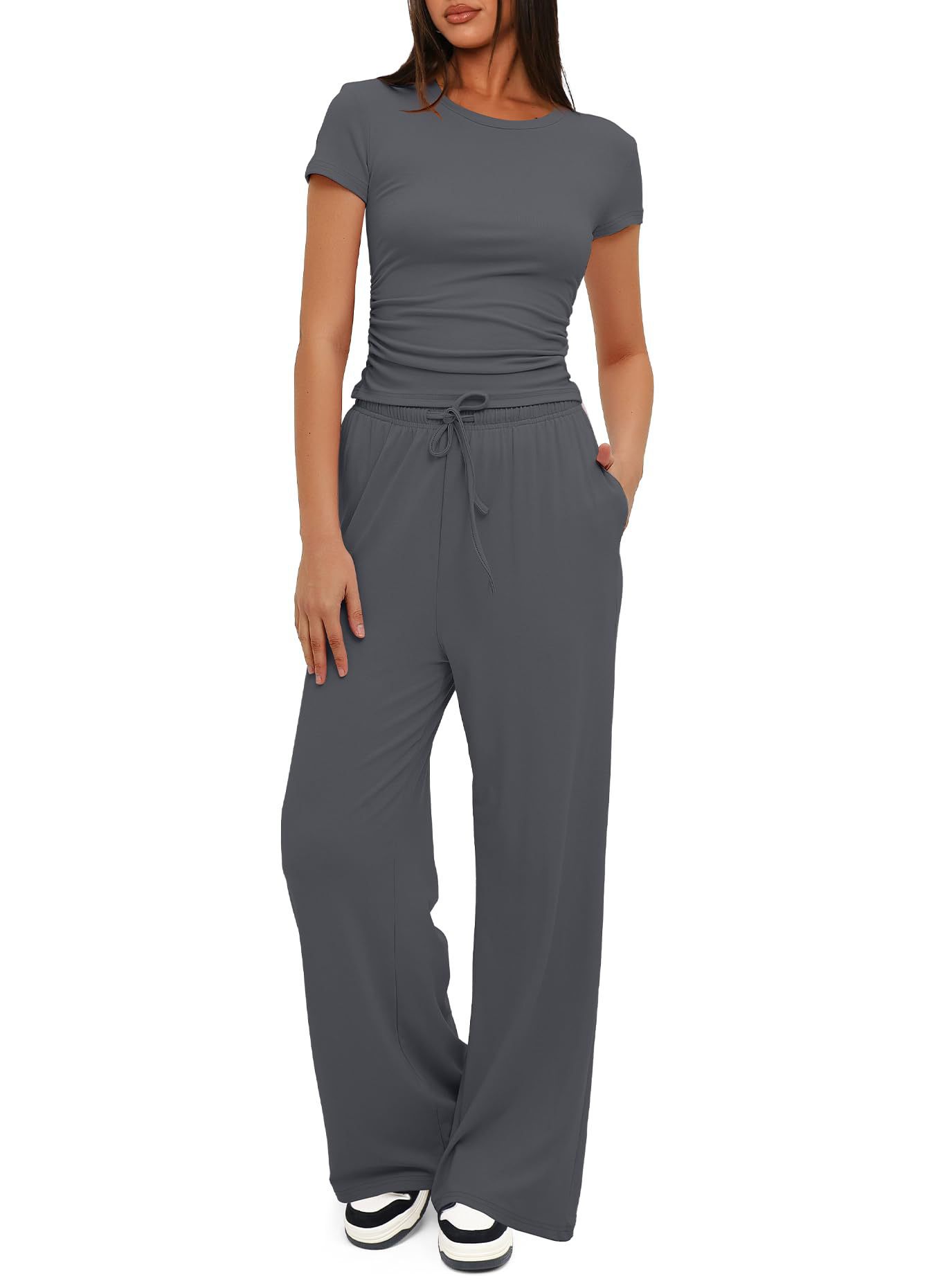 Conjunto de dos piezas para mujer, camiseta y pantalones de pierna ancha, manga corta, cintura alta, sólido, multicolor, deportivo, Yoga, chándal informal: XL / Gris