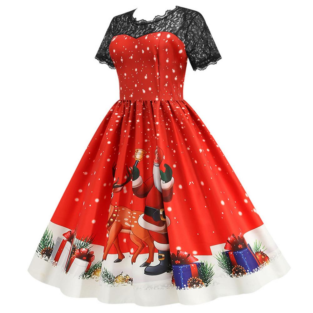 Vestidos de natal do vintage para as mulheres manga curta renda swing vestido vintage cocktail balanço natal impresso vestido de festa traje