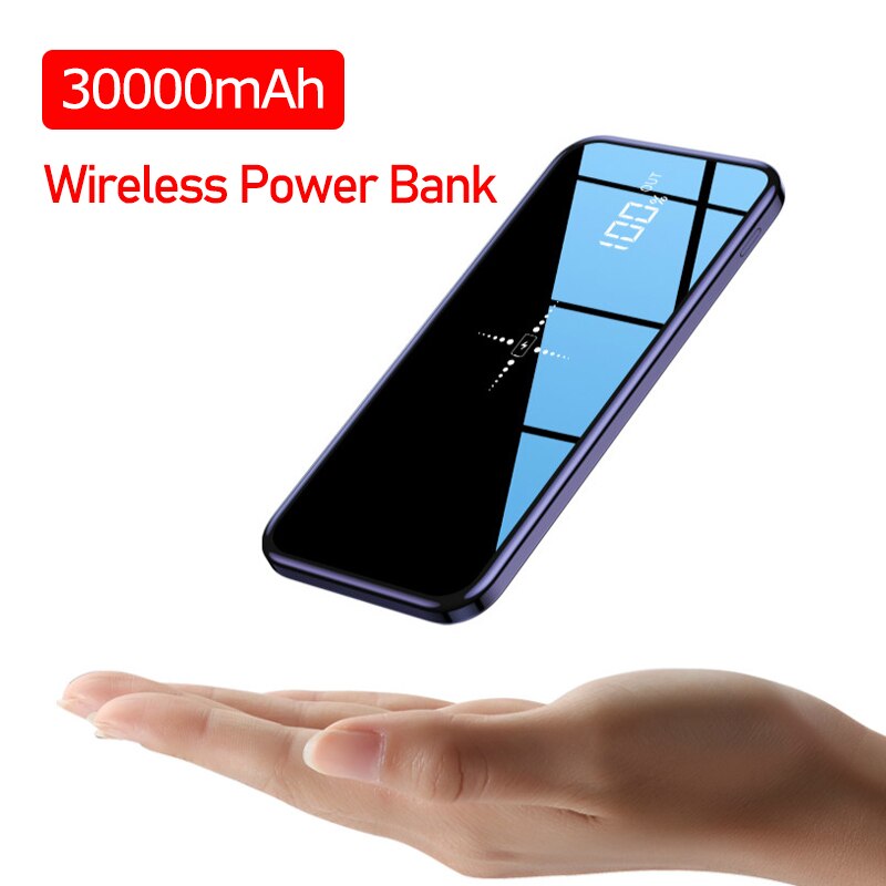 Banco de potência sem fio 30000mah externo portátil powerbank espelho tela cheia carregamento rápido multi porta à prova dwaterproof água para todo o telefone