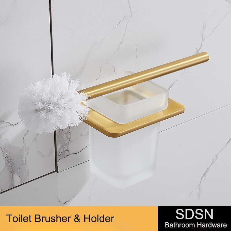 Bathroom Hardware Set Square Brushed Gold Bath Hardware Set Stainless Steel Towel Rack Paper Holder Gold Hardware Sets: toilet-brusher