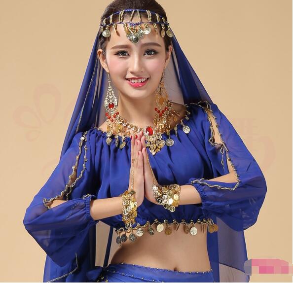Disfraces de danza del vientre Oriental para niños, trajes de Halloween para niñas, Top de manga larga indio: Azul