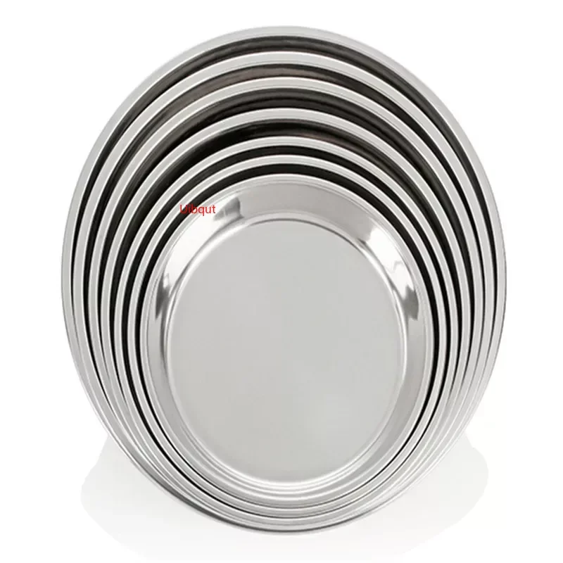Large Stainless Steel thick Flat Round Dish tray Charger Plates Silver Serving Tray Cake Metal deep Plate dinner dish plate sets