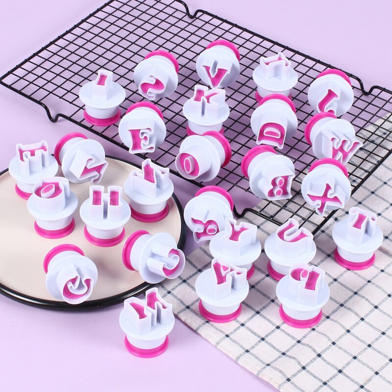 Cortadores de galletas con letras del alfabeto, forma de número, molde de silicona, cortador de Fondant, herramienta de sello, conjunto para decoración de pasteles