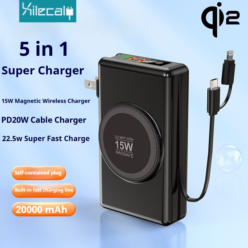 5 in 1 Magsafe Power Bank, 20000 mAh PD22.5W Qi2 draadloze magnetische snellader met ingebouwde kabel, reisbatterij voor iPhone