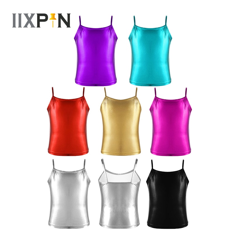Camiseta sin mangas con tirantes finos para niños y niñas, Top metálico brillante para baile, ropa de baile, camisola de Ballet Gymanastics