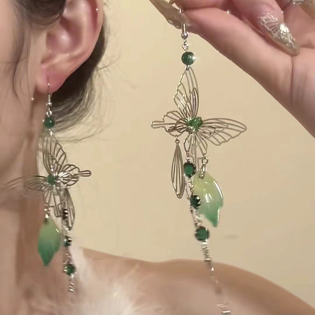 Boucles d'oreilles à pampilles papillon pour femmes, Style forêt, longues fleurs douces, tempérament Super féerique, décorations exquises: Vert foncé