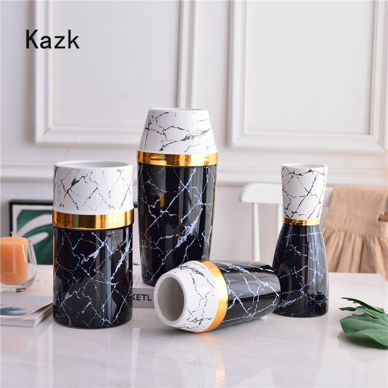 nordisch Moderne Weiß Schwarz Marmor aufbringen Vase Gold Rand Handwerk Keramik Vermittlung Blume Vase Wohnzimmer Dekoration Zubehör