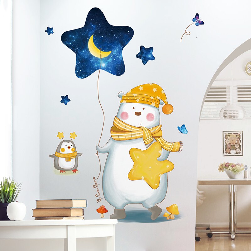 [shijuekongjian] tecknad björn djur väggdekaler diy rymden planeter för barnrum baby sovrum plantskola hus dekoration