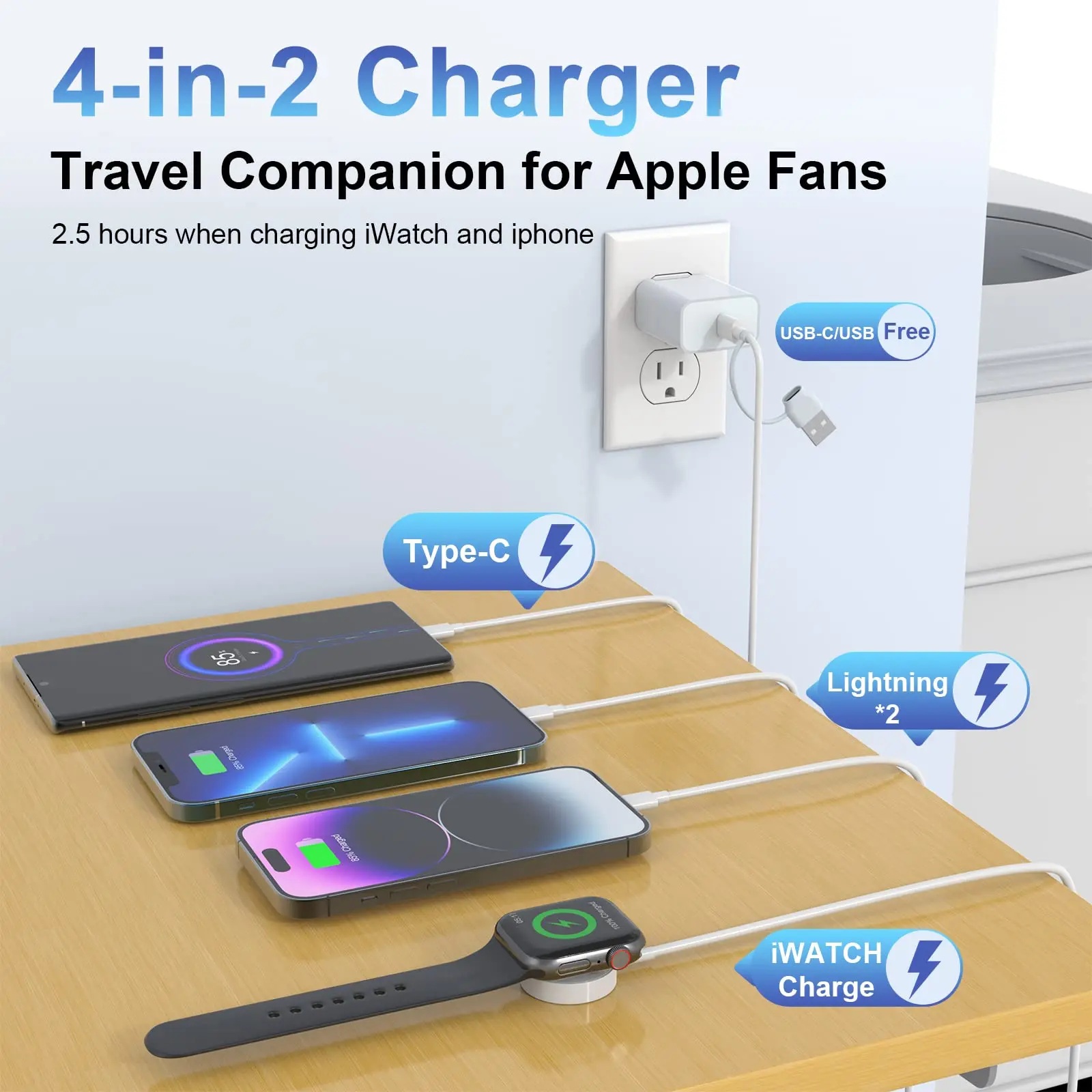 Cable de datos de carga Usb 4 en 2 para Iphone, cargador de reloj, Iphone, Cable magnético Iwatch tipo C, Cable de carga rápida de