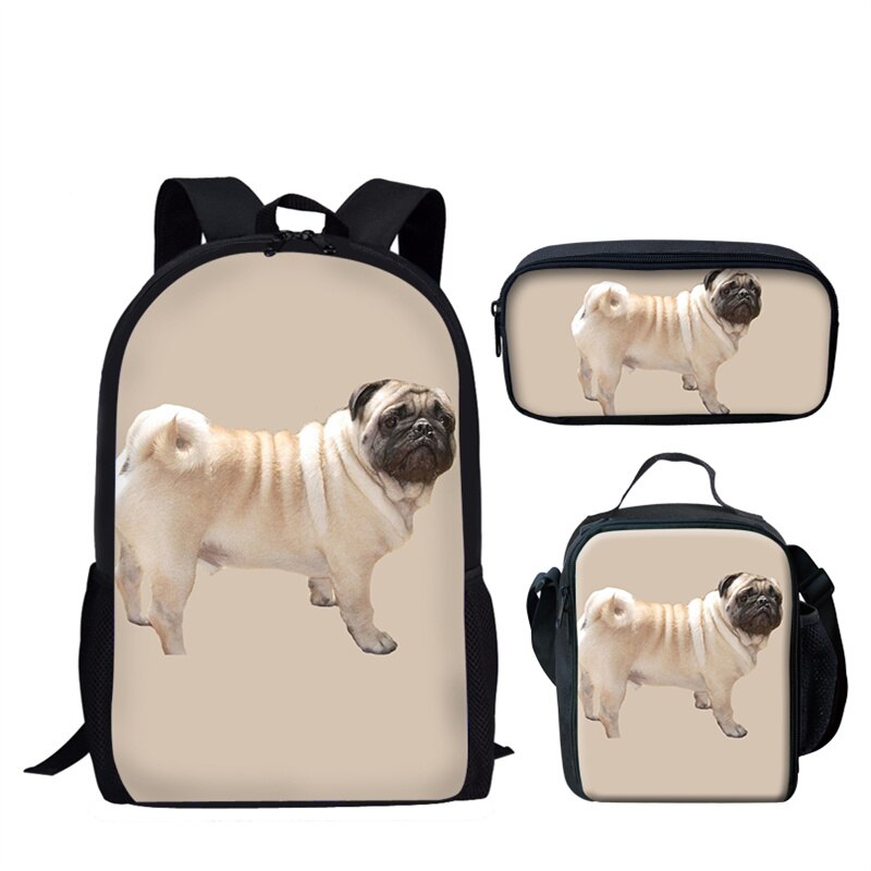 Nopersonality Teenager Girls Pug School BookBag Puppy Bagpack School Bag Print 3Pcs Kids Children Black Backpacks Women Mochilas: L1645CGK