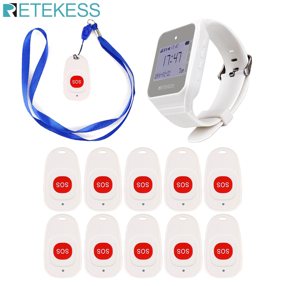 Retekess Wireless Calling System Nurse Call Watch Receiver+10 Call Bell Emergency Call Button for the Elderly Call Service