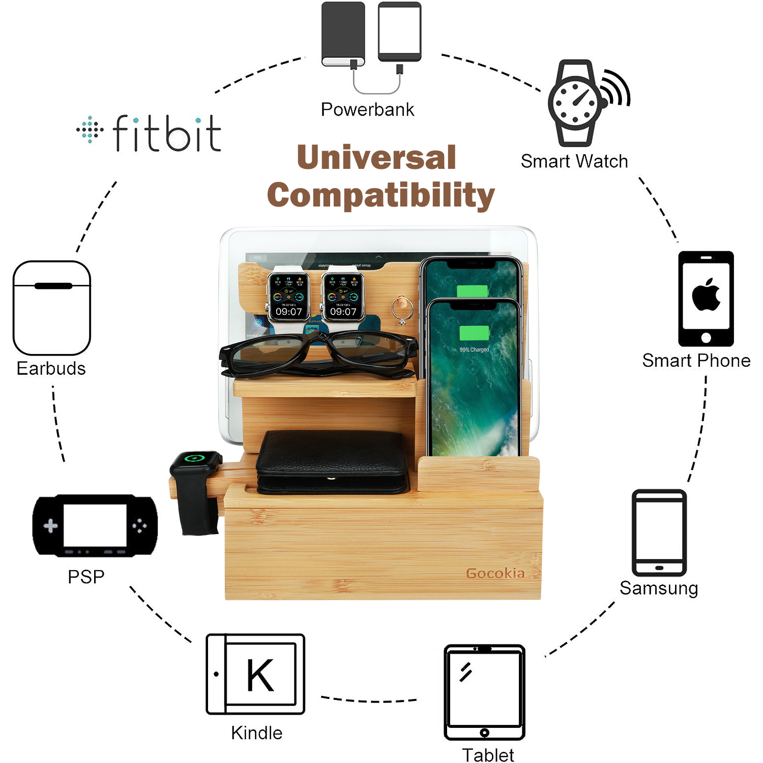Bamboo Multiple Device Docking Station Phone Key Holder Laptop Tablet Watch Stand Desk Organizer Box for Friend Birthday
