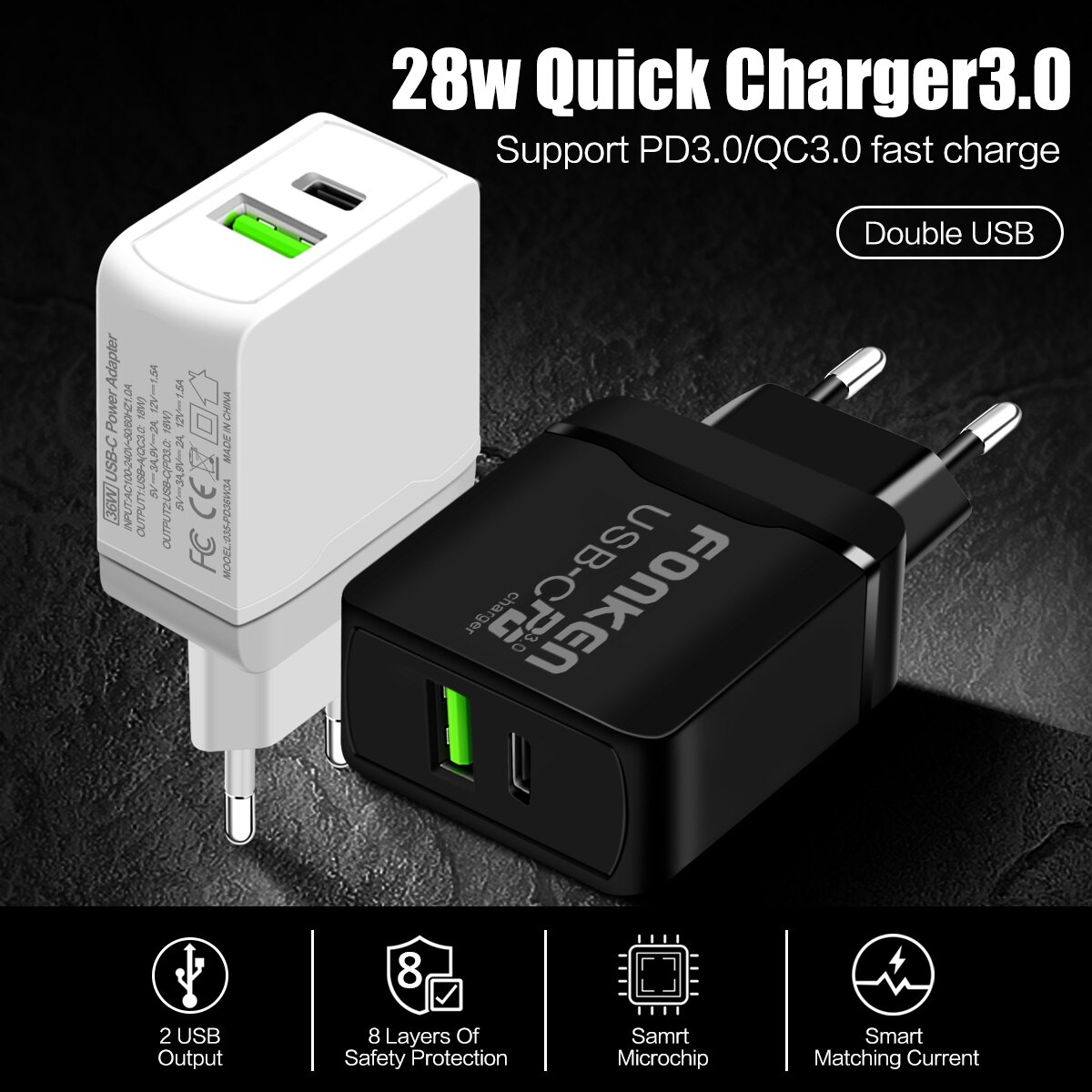 FONKEN USB C PD Charger Dual Port Fast Charging for Phone Adapter 2 Port 30W QC 4.0 3.0 Quick Charge Wall Chargers