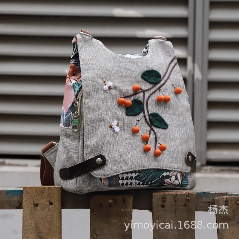 Zaino etnico Borsa a tracolla da donna in lino di cotone retrò Zaini multiuso femminili Borse da viaggio leggere per zainetto da ragazza: Default Title