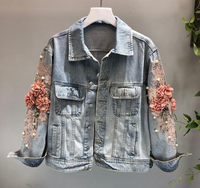 Herbst Frauen Stickerei Drei Dimensionale Blumen Perle Perle Kurze Denim Mantel Frau Lange Hülse Jean Jacke Feminina Mäntel WF08: Light blue / M