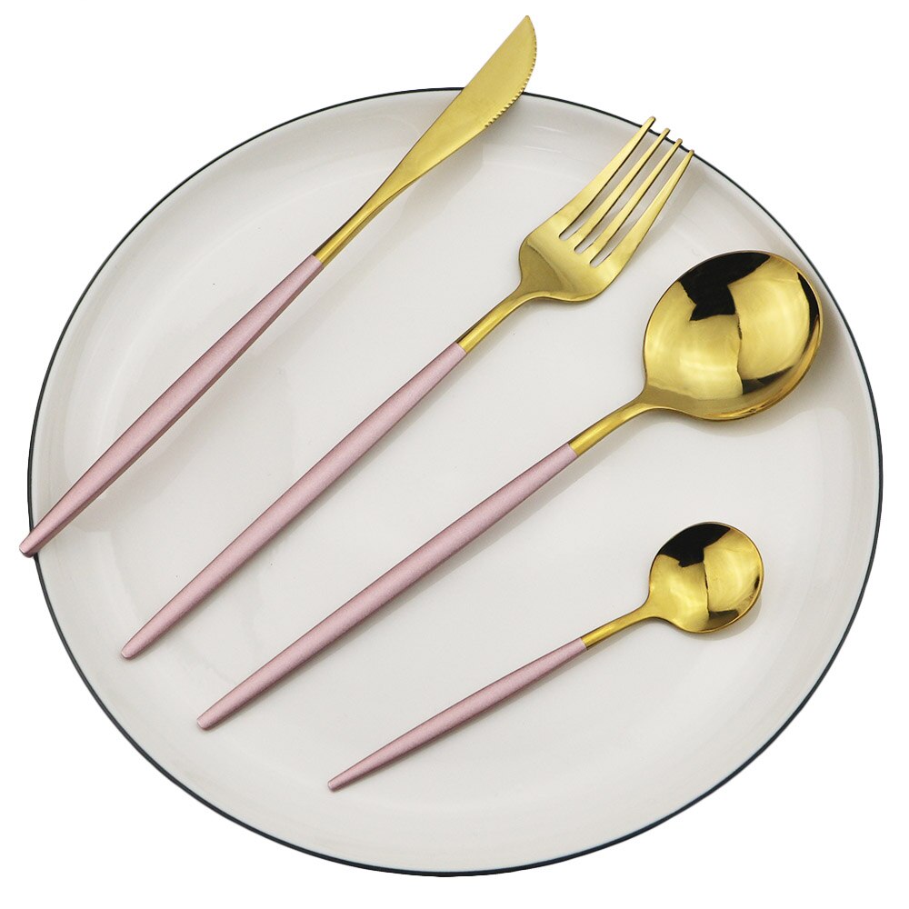 4Pcs/ Set 18/10 Stainless Steel Dinnerware Set Green Gold Flatware Cutlery Set Dinner Gold Knife Fork Spoon Silverware Set: Pink Gold