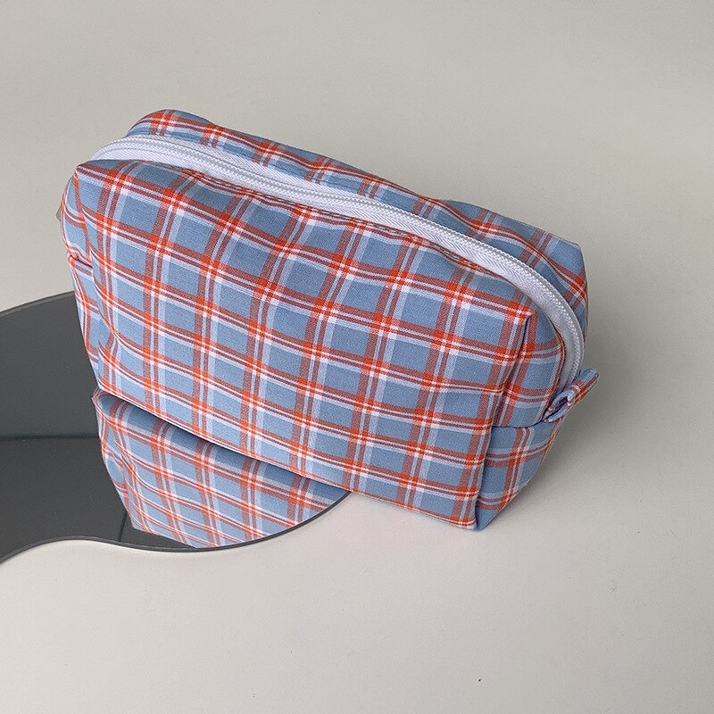 BM Style couleur rétro Plaid crayon sac grande capacité Portable fille cosmétique sac de rangement fournitures scolaires mignon papeterie: Red And Blue Plaid