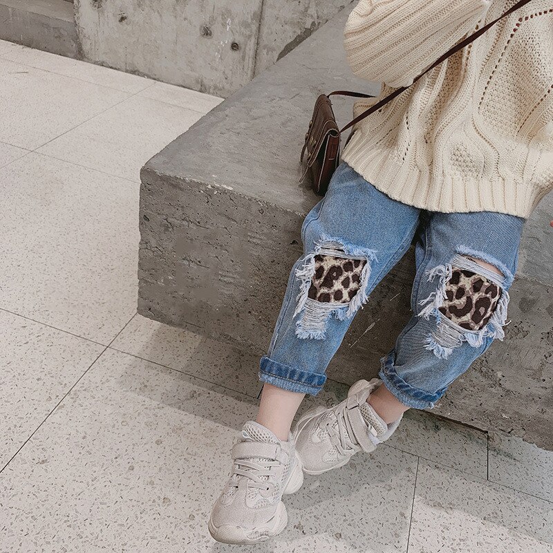 Moderigtigt leopard patchwork piger jeans forår efterår elastisk talje 2-6 år børn pige denim bukser: 2t