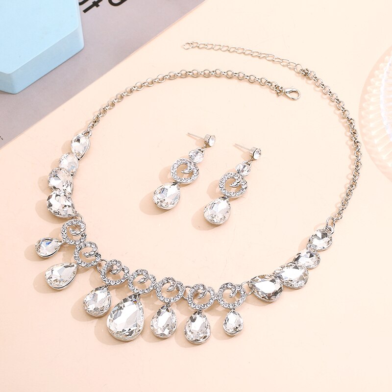 FARLENA biżuteria elegancka kropla wody kształt kryształki górskie naszyjnik kolczyki zestaw biżuterii ślubnej na ślub bal