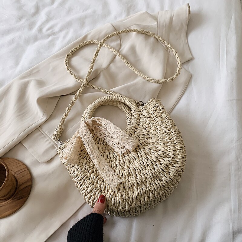 Chic halmväska för kvinnor boho spetsbåge ledig tote cirkel handtag rottingsnöre dragsko handväska resa strand axelväska